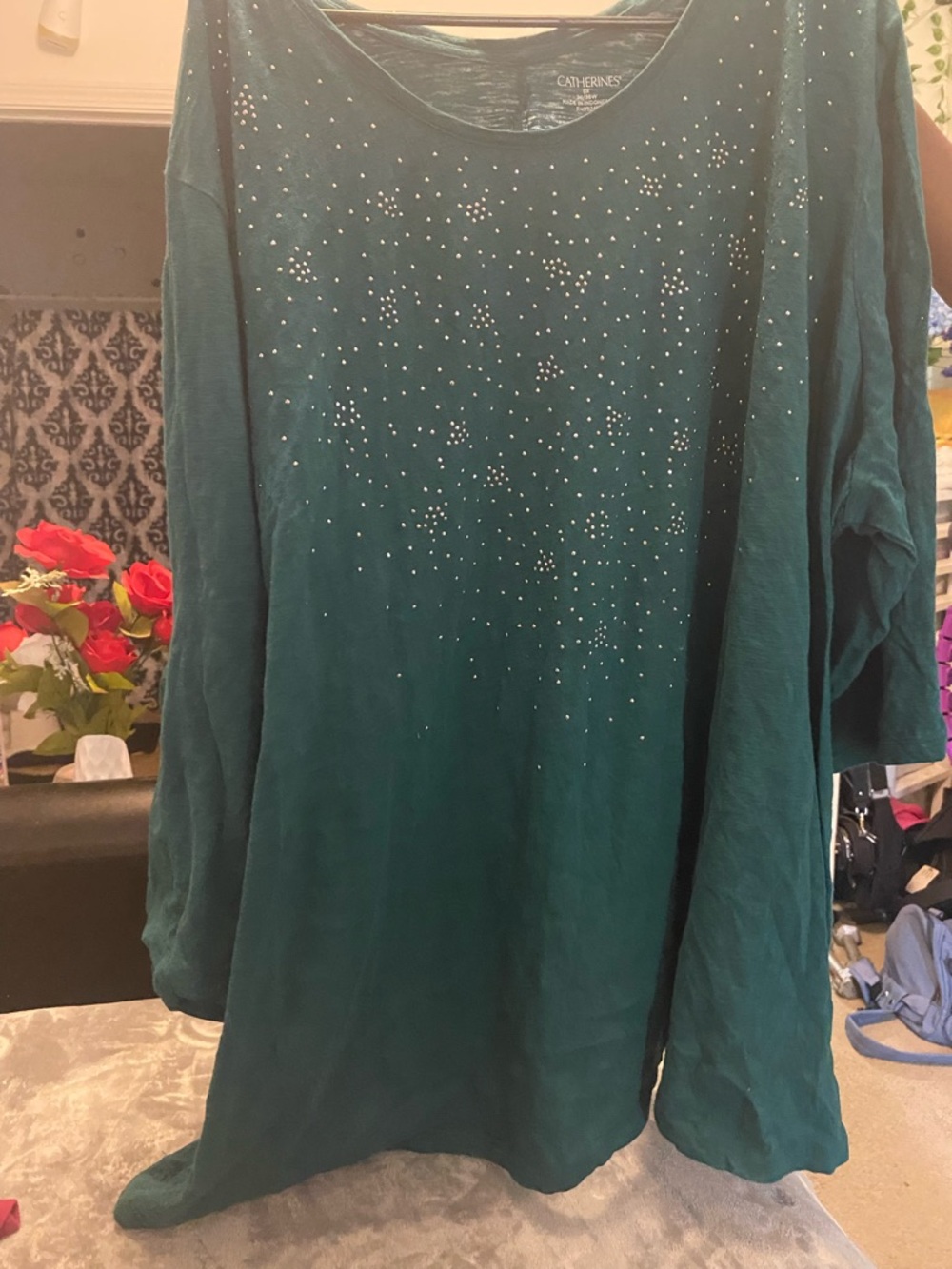 Catherines Teal Green Long Sleeve Embellished Women's Top